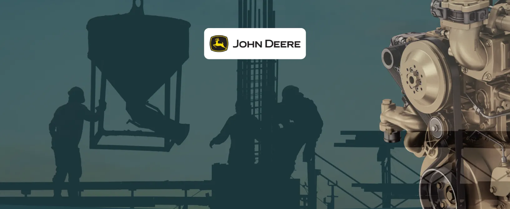 Banner showing John Deere logo, construction workers silhouettes, and engine parts