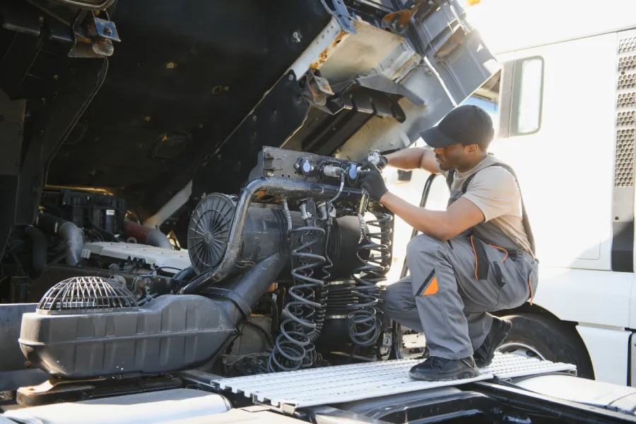 Mechanic working on a truck engine with a tool kit